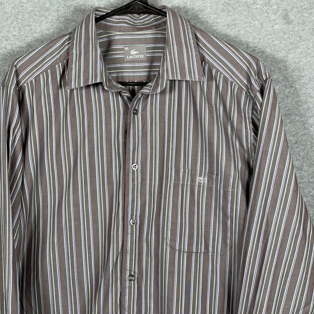 Lacoste Shirt Mens 43 L Purple Blue Gray Stripe 100% Cotton Long Sleeve Button